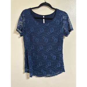 Leo & Nicole Floral Lace Overlay Jersey Knit Top Shirt Size S Navy Blue